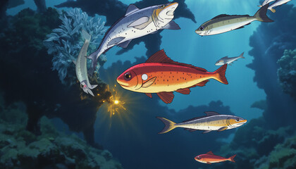 Fototapeta premium Colorful fish swimming in vibrant underwater scene with coral