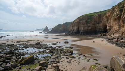 Scenic Coastal Landscape with Rocky Shoreline, Cliffs, and Distant Rock Formations on a Partly Cloudy Day