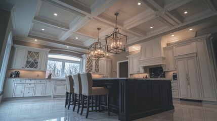 Luxurious Kitchen Interior Design with Coffered Ceiling and Elegant Lighting