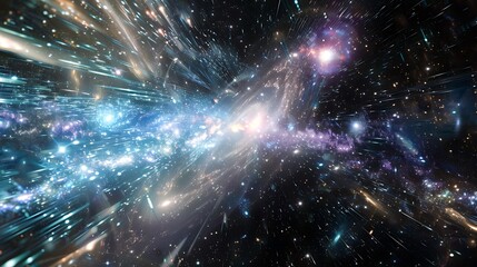 Fototapeta premium Stunning Cosmic Burst Through Space-Time with Vibrant Stars and Nebulae in Dark Universe