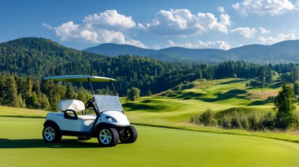 Scenic view of a golf cart on a lush green golf course with mountains in the background