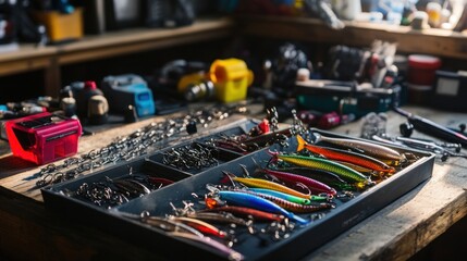 Naklejka premium Colorful Fishing Lures in Organizer Tray