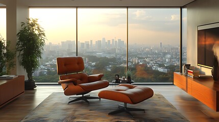 Obraz na płótnie Canvas Sunset city view from modern apartment lounge chair