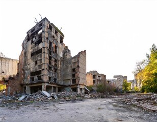 Urban building ruins with debris post-apocalyptic scenery 