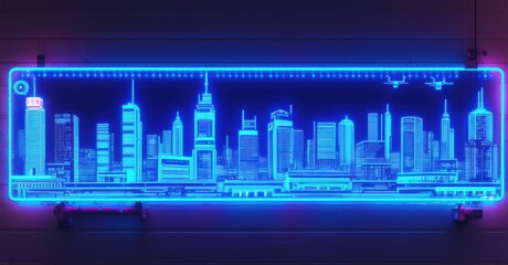 Fototapeta premium Neon sign cyberpunk city futuristic skyline robotic drones hovering ai security cams bright colorful realistic photo