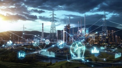 Futuristic Power Grid with Holographic Interfaces in Illuminated Urban Cityscape