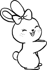 Cute Happy White Bunny with bow Cartoon Outline Coloring Image