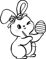 Cute Easter Bunny Paint Egg Cartoon Outline Coloring Image