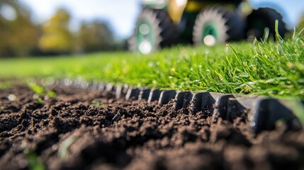 Close-up of black plastic edging in soil, lush green grass in background. Illustrates landscaping, garden borders, or lawn maintenance.