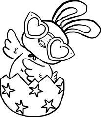 Retro Groovy Easter Chicken Bunny Ears in Egg Cartoon Outline Coloring Image