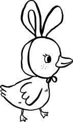 Cute Easter Chick wear Bunny Ears Cartoon Outline Coloring Image