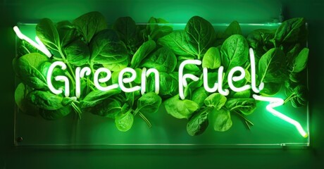 Neon sign green fuel spinach leaves forming lightning bolt glowing vibrant plant energy bright colorful realistic photo