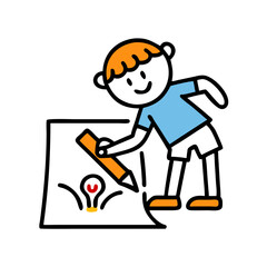 Cute cartoon boy drawing an idea on paper, creativity and innovation concept, children's illustration
