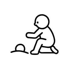 Black and white outline of a child playing in the sand, simple childhood activity icon