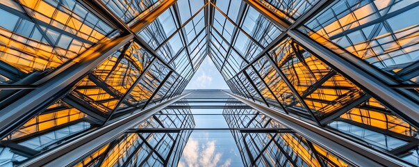 Fototapeta premium Mirrored glass facade angled up showing sky and reflections