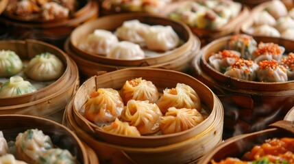 A vibrant selection of freshly steamed dim sum, including xiao long bao, siu mai, and dumplings, served in traditional bamboo steamers.