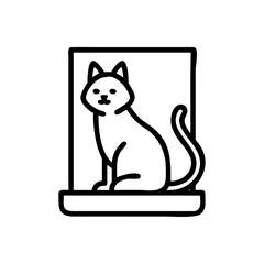 Simple black and white outline of a cat sitting on a windowsill, minimalistic pet illustration