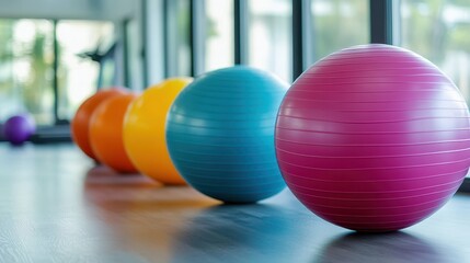 Colorful exercise balls in a row at gym. Perfect for fitness, wellness, and healthy lifestyle concepts.
