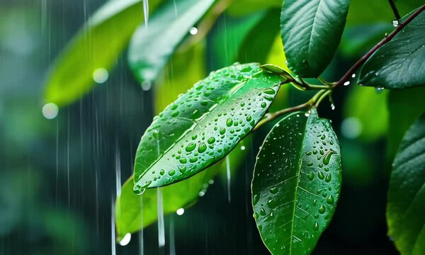 Close-up of fresh green leaves with rain droplets, showcasing nature's beauty in a tranquil environment.
