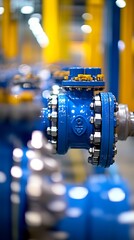 Detailed closeup of an industrial blue metallic pipe valve system