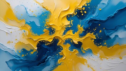 Abstract blue and yellow paint swirls across a global sphere, hinting at continents and ocean depths