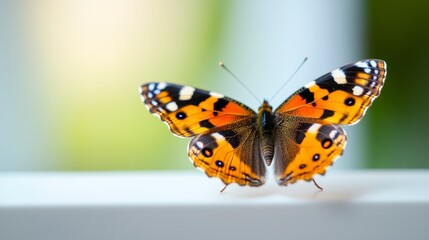 Obraz premium Vibrant butterfly perched on a white surface, with a blurred green background showcasing nature