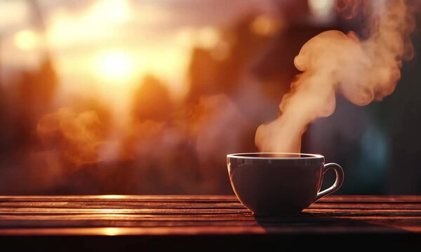 A warm cup of coffee on a wooden table against a stunning sunset, evoking comfort and relaxation. copy space for text