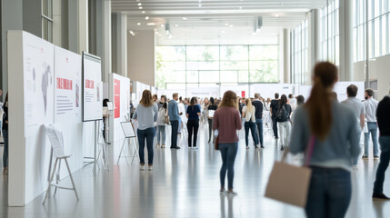 Art Exhibition in Modern Gallery: Capture the energy and excitement of an art exhibition in a contemporary gallery space, as visitors mingle and engage with various art pieces.