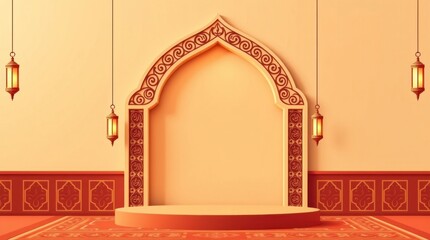 Obraz premium Elegant Islamic Archway with Podium and Lanterns Ramadan Background