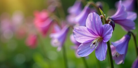 Close-up of bell-shaped campanula flowers blooming in spring garden, spring, blooming, nature