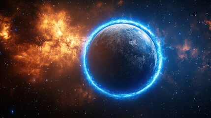 Obraz premium Planet in cosmic nebula, glowing ring, space background, scientific illustration, educational use