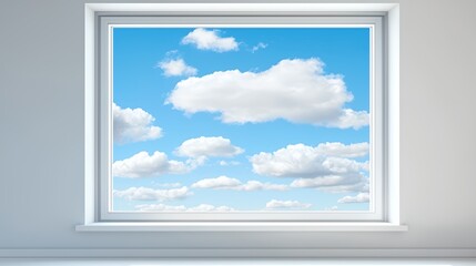 White Window Frame Showing Blue Sky with Fluffy White Clouds
