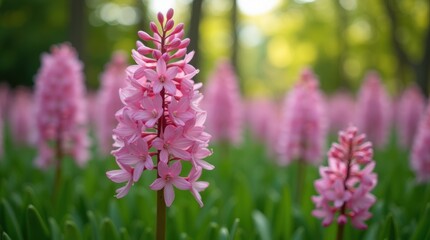 Pink hyacinths in a tranquil garden setting with soft green hues, ideal for nature lovers or wellness themes.