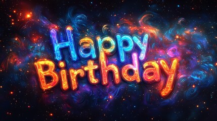 A cosmic graffiti "Happy Birthday" with glowing letters adorned with starry textures and shimmering gradients, vibrant galactic swirls in the background, hues of blue, purple,