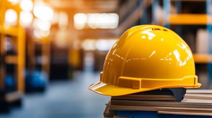 Yellow safety helmet resting on wooden planks in a well-lit warehouse with shelves in background
