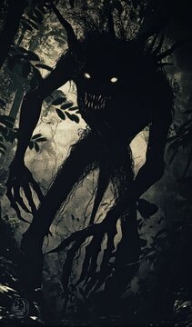 A shadowy Aswang, with elongated limbs and sharp teeth, lurks in the jungle, its form barely visible in the dark. 