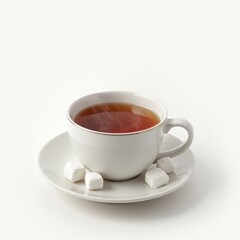 Hot black tea with sugar cubes on a saucer against white, perfect for cozy beverage ads or simple decor.