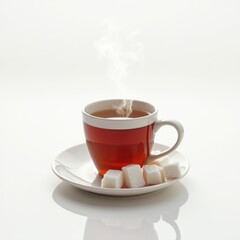 Fototapeta premium Hot black tea with sugar cubes on a saucer against white, perfect for cozy beverage ads or simple decor.