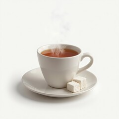 Hot black tea with sugar cubes on a saucer against white, perfect for cozy beverage ads or simple decor.