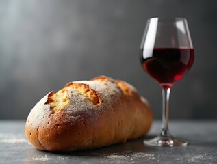 Elegant bread and red wine on gray, a modern shot for sophisticated food art or minimalist decor.