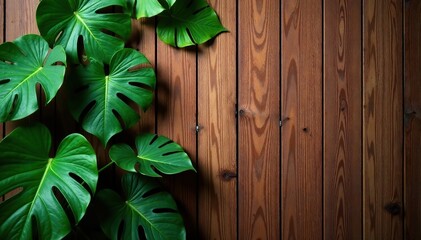Luxurious monstera leaves adorn a wooden wall, background, luxurious, monstera