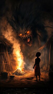 A mischievous African Tokoloshe, small and hunched, lurks in the shadows of a dimly lit hut, its eyes glowing with malevolent intent. 
