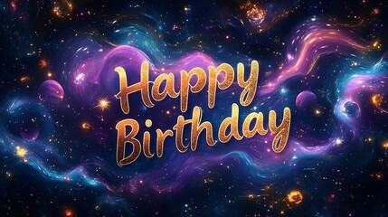 A galaxy-inspired "Happy Birthday" design with bold, glowing letters, radiant constellations and swirling nebulas in vibrant hues of purple, blue, and gold, a serene yet dynamic space background,