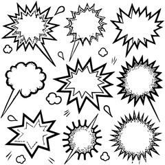 A collection of nine comic-style speech bubbles with jagged outlines, varying in shape and detail, in black and white.