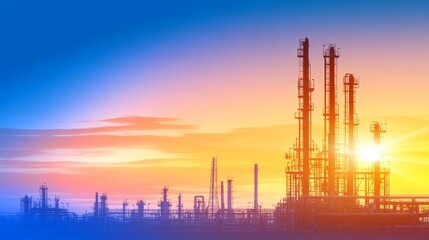 Fototapeta premium Industrial landscape at sunset with towers and smokestacks silhouetted against the sky