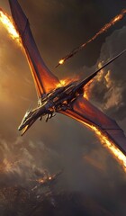 Fototapeta premium Robo-Rodan, a metallic pterosaur with jet engines for wings, cutting through the sky with a trail of fire, as its titanium talons prepare to strike.