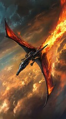 Fototapeta premium Robo-Rodan, a metallic pterosaur with jet engines for wings, cutting through the sky with a trail of fire, as its titanium talons prepare to strike.