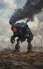 Mecha-Hedorah, a mechanical beast emitting toxic smoke from its vents, crawling through a devastated landscape, leaving pollution and destruction in its wake.