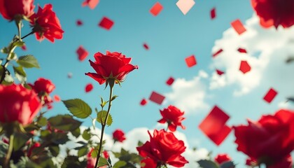 A lively arrangement of red roses and paper in flight, ideal for a Mother's Day greeting card backdrop