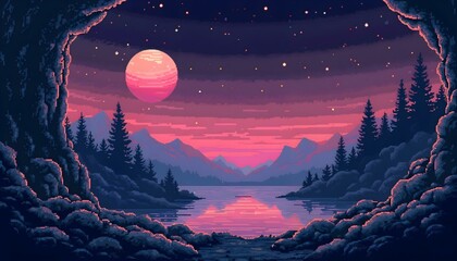 Fototapeta premium Pixel art representation of a sunset forest trail, crafting a lively retro landscape perfect for gaming backgrounds